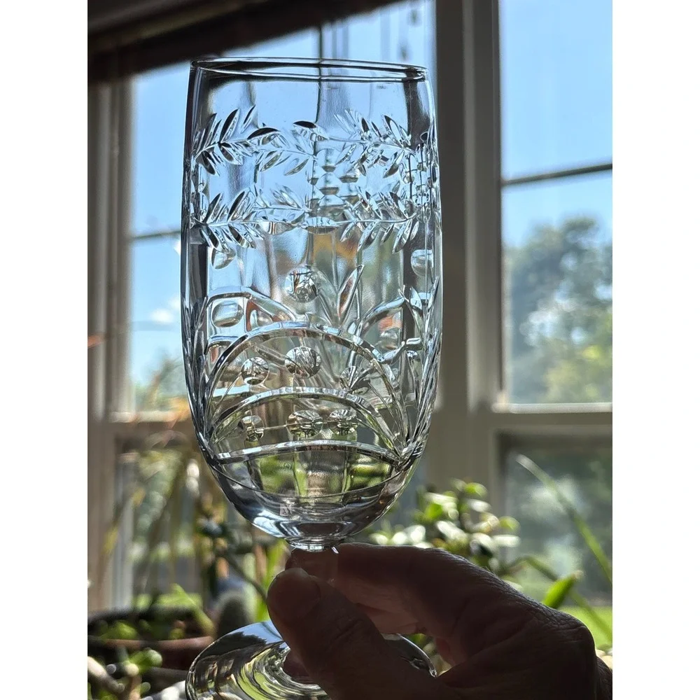 Rock Sharpe Baden Iced Tea Glasses Set of 2 Etched Floral Crystal 7 Inch Vintage
